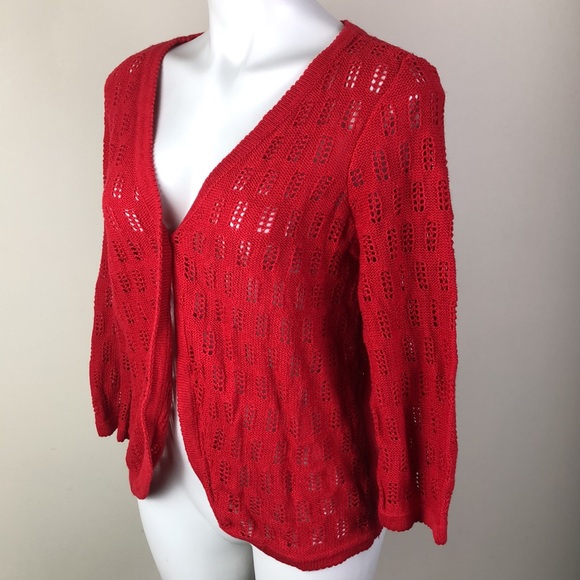 Christopher & Banks 3/4 Sleeve Cardigan Open Knit Red - Picture 1 of 10